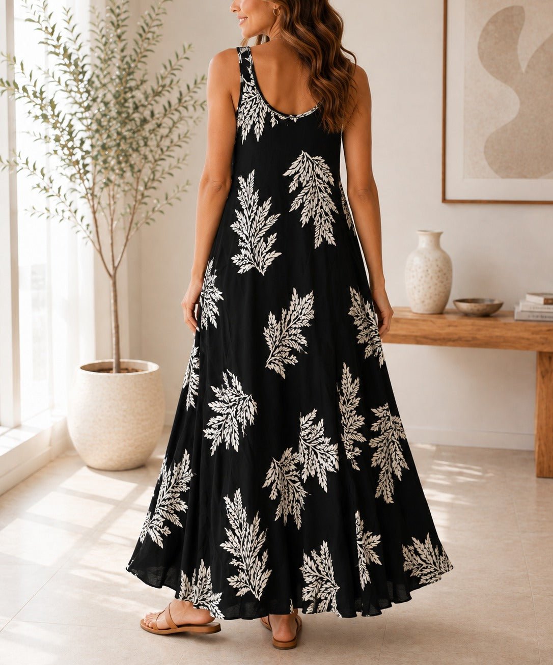 Ladies Fern Print Maxi Pocket Dress -Black - StylePhase SA