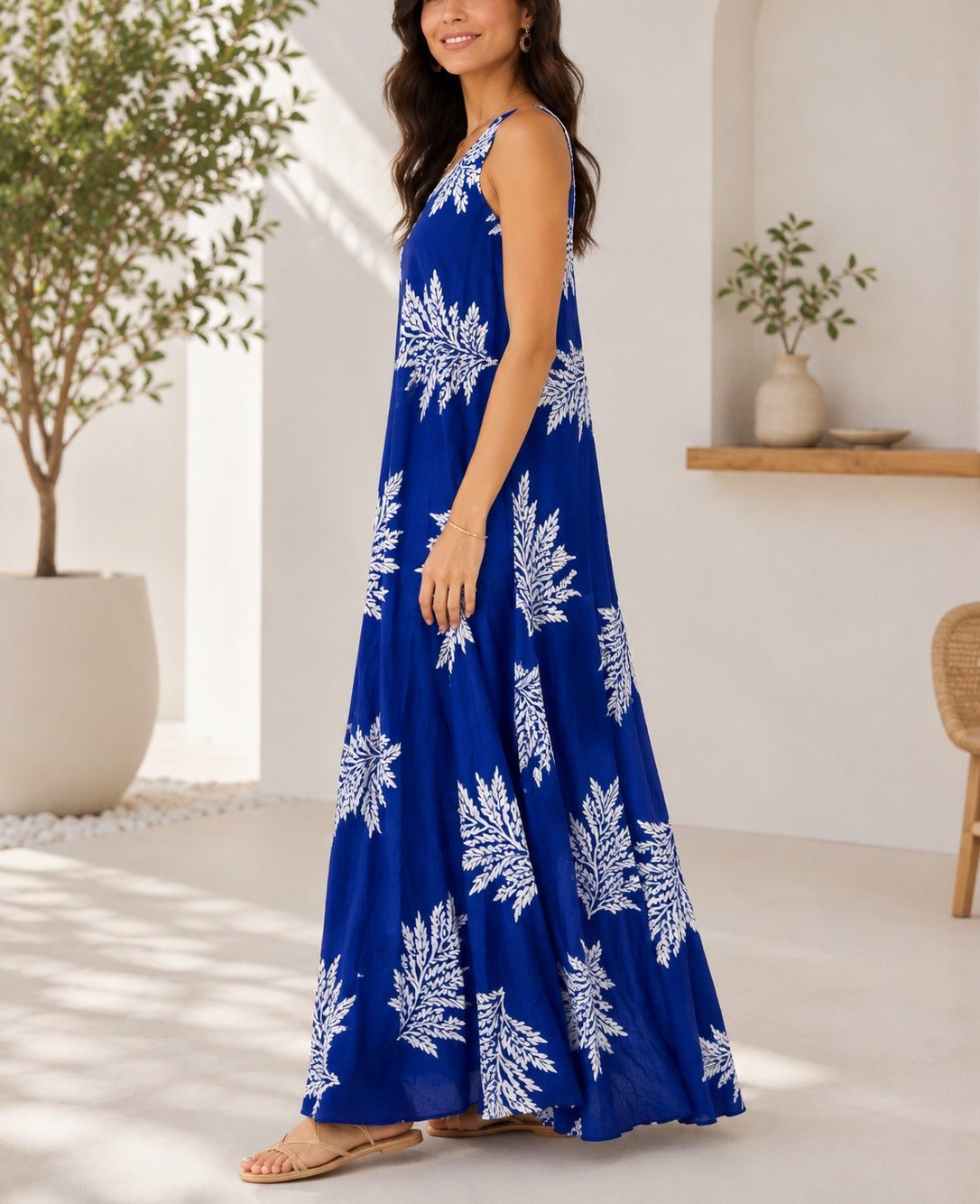 Ladies Fern Print Maxi Pocket Dress -Royal - StylePhase SA