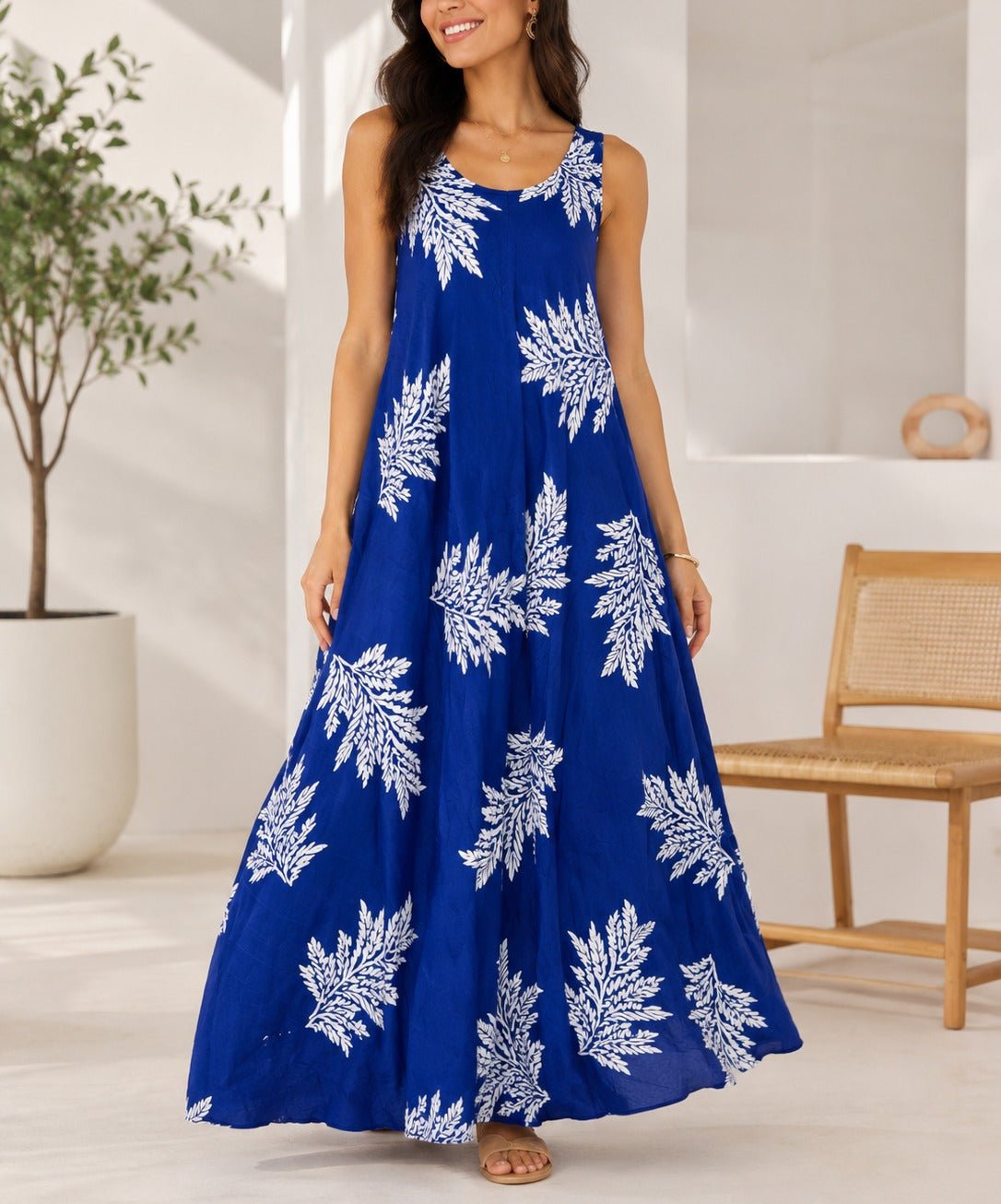 Ladies Fern Print Maxi Pocket Dress -Royal - StylePhase SA