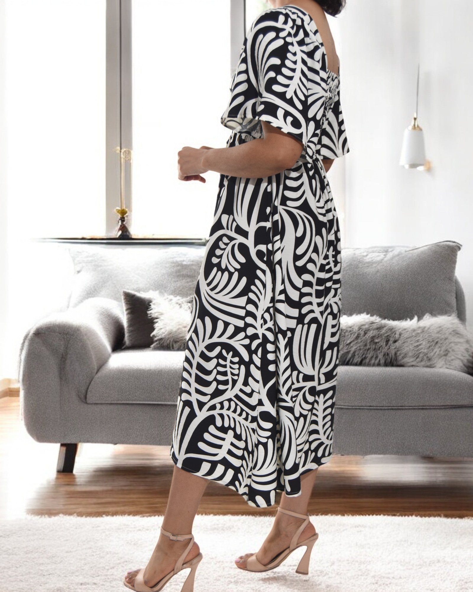 Ladies Fern Print Square Neck Dress - StylePhase SA