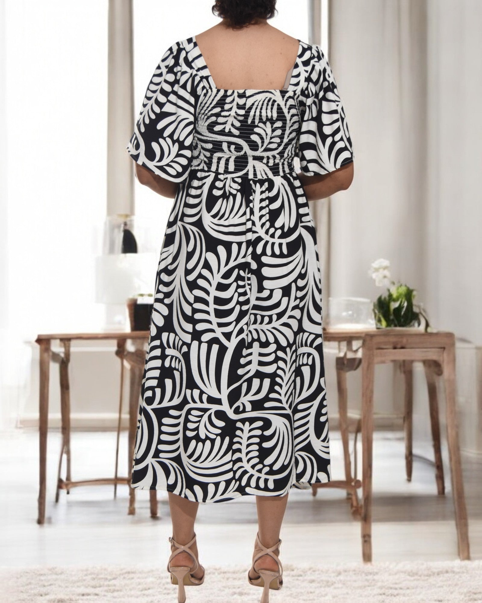 Ladies Fern Print Square Neck Dress - StylePhase SA