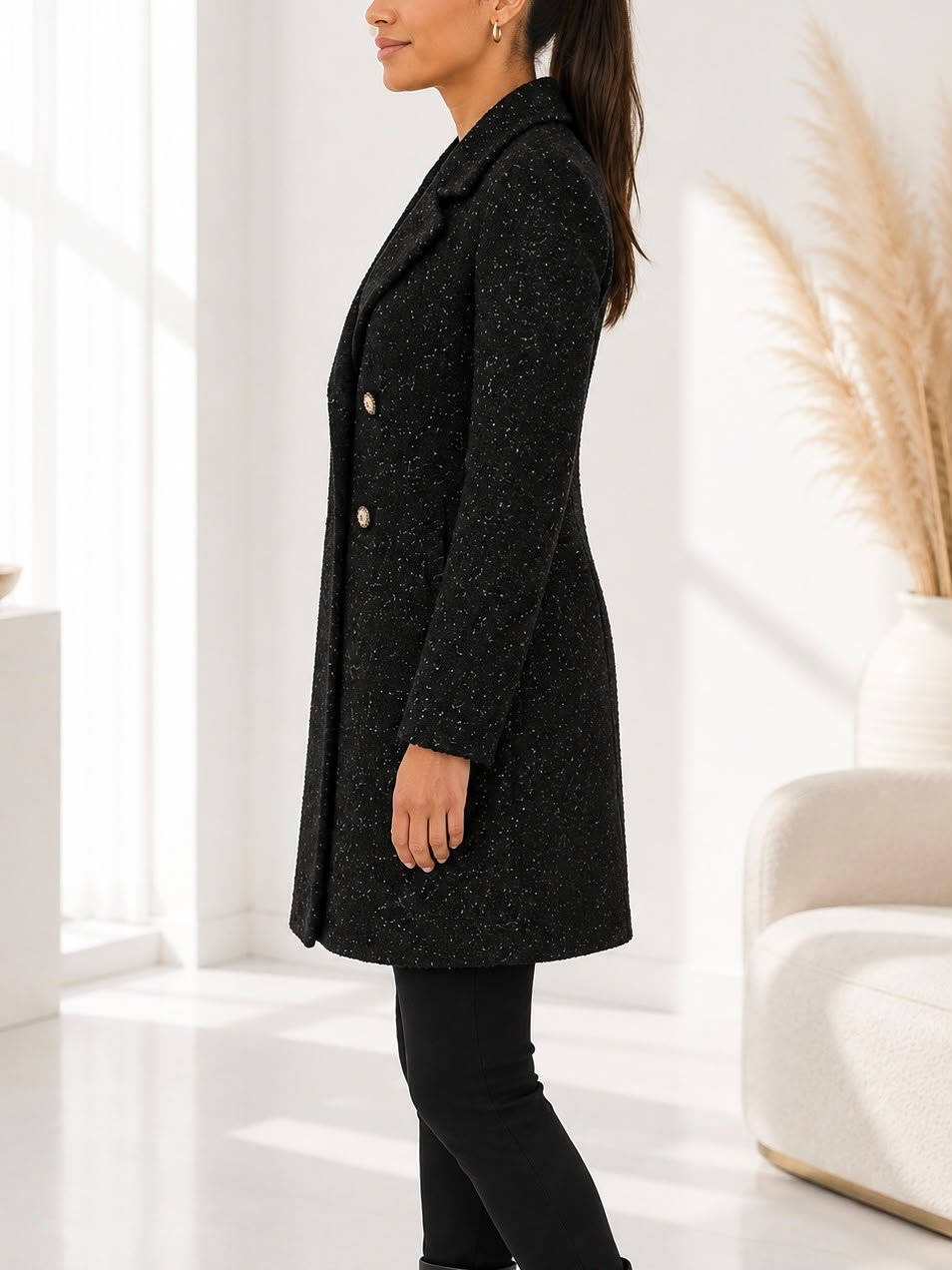 Ladies Fleece Black Double Breast Coat - StylePhase SA