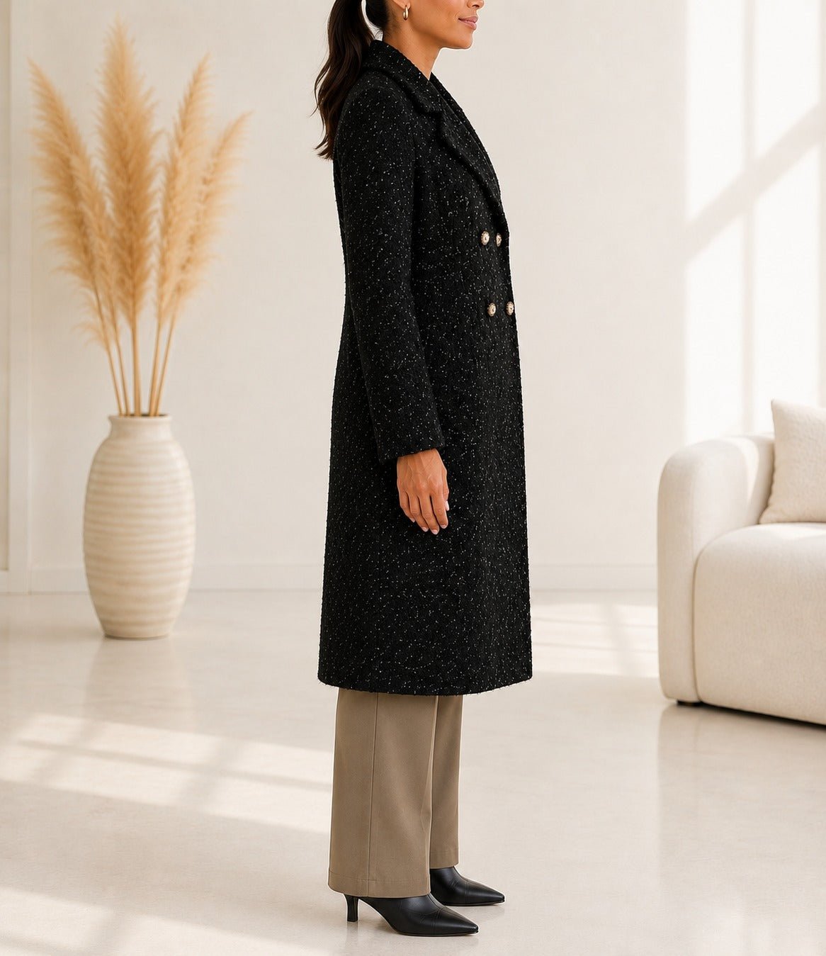 Ladies Fleece Black Double Breast Coat - StylePhase SA