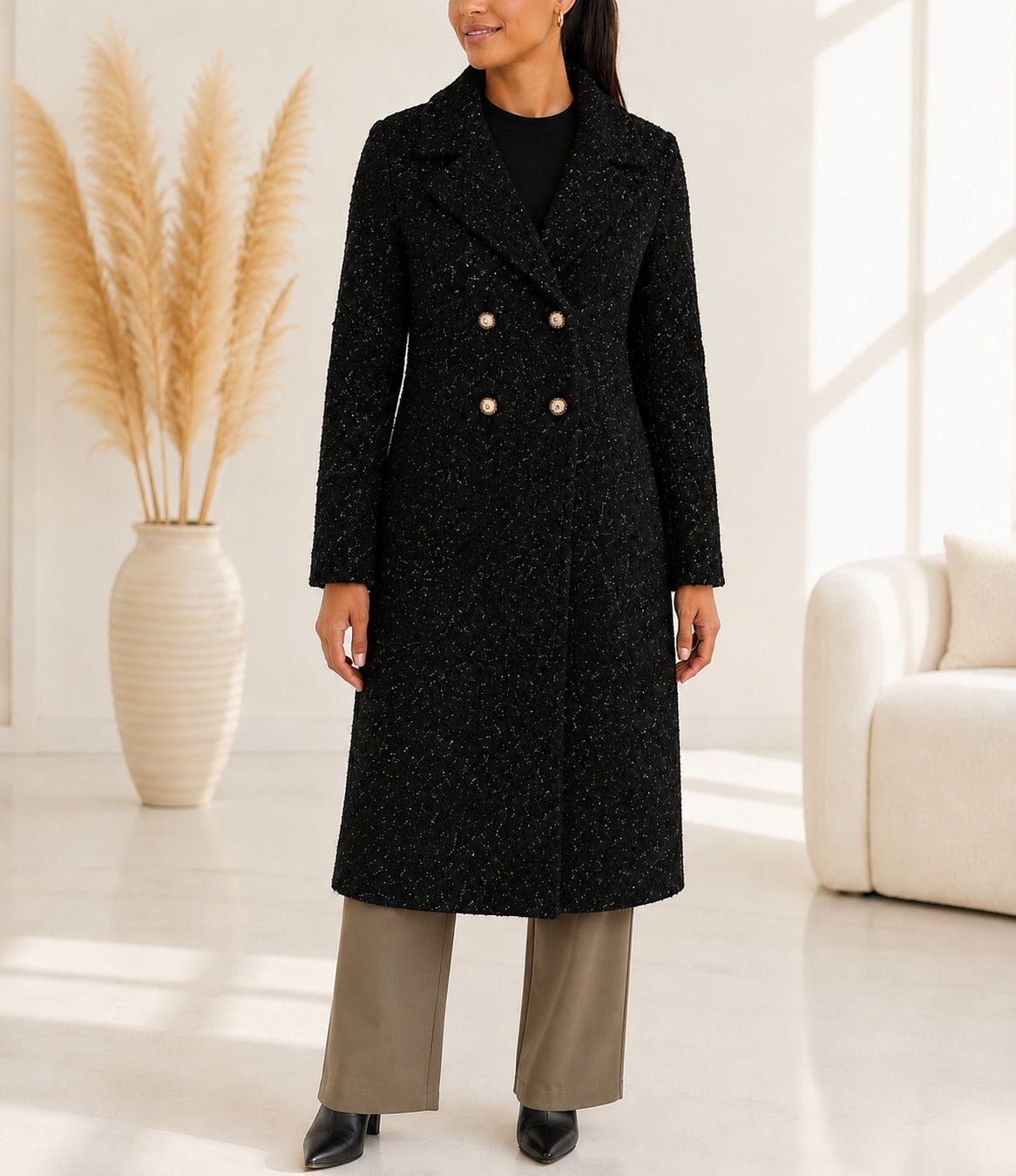 Ladies Fleece Black Double Breast Coat - StylePhase SA