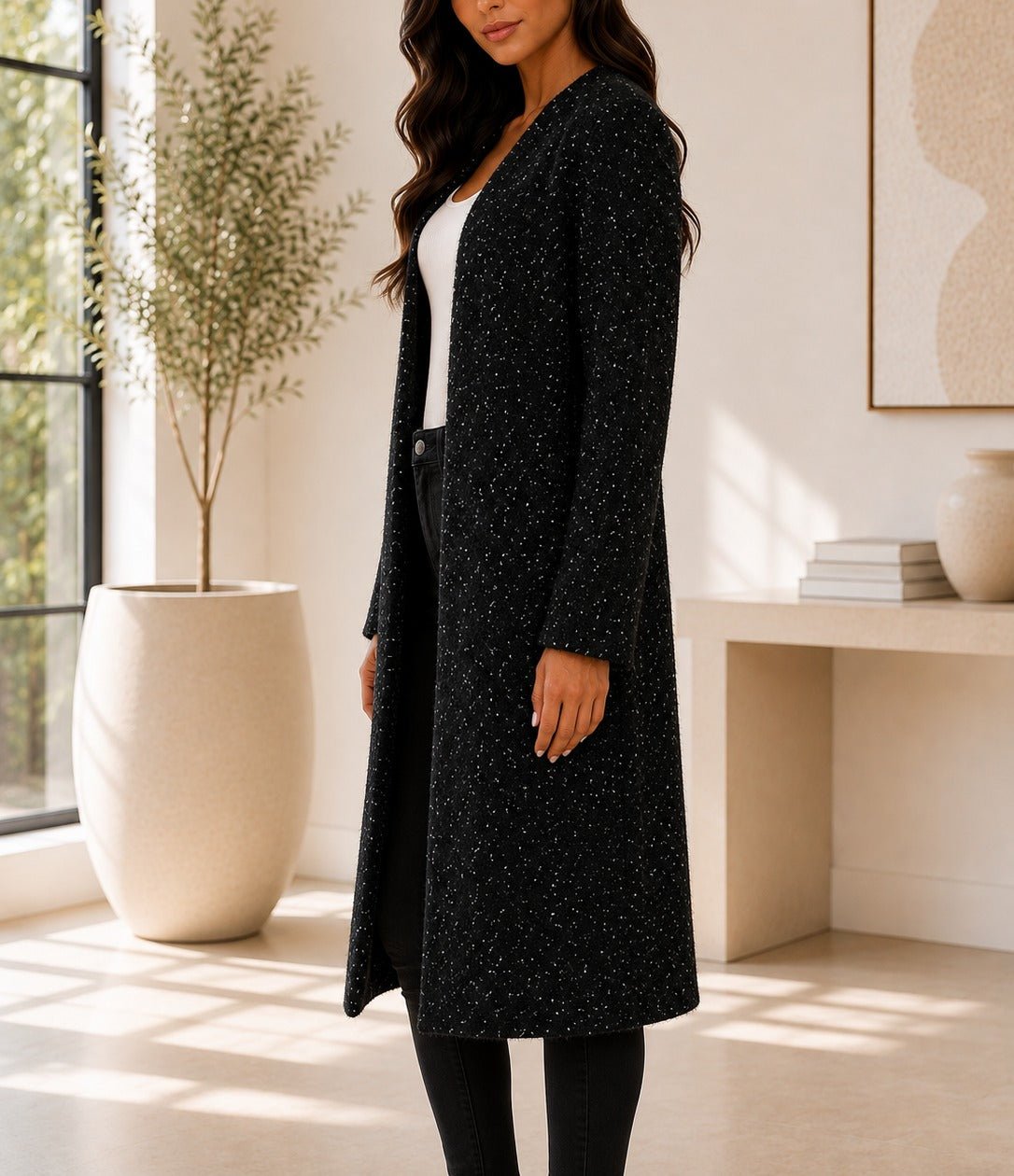 Ladies Fleece Black Open Coat - StylePhase SA