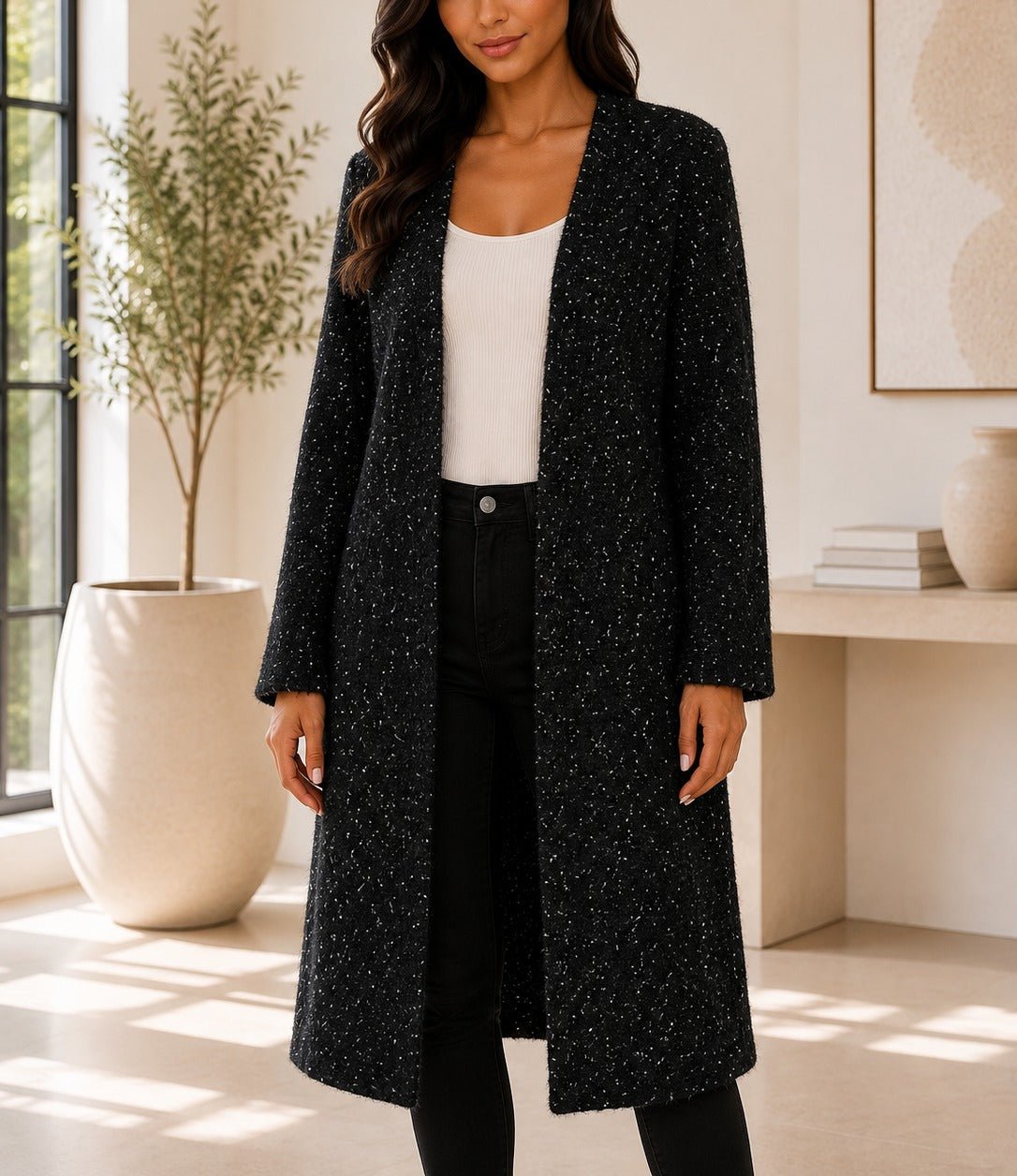 Ladies Fleece Black Open Coat - StylePhase SA