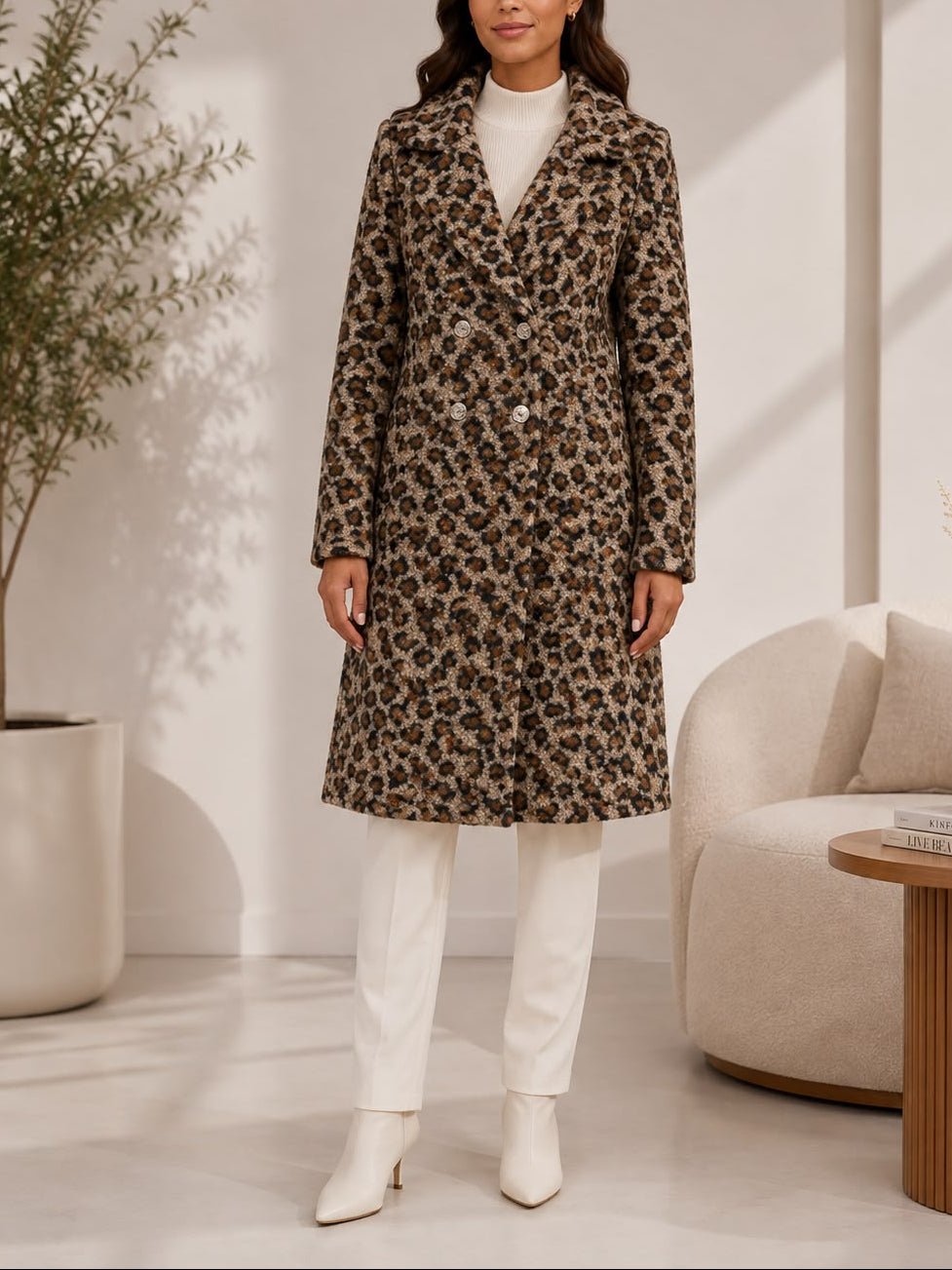 Ladies Fleece Brown Leopard Double Breast Coat - StylePhase SA