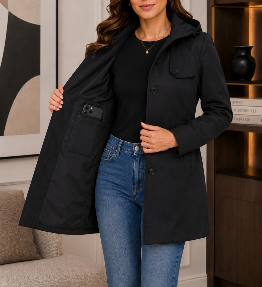 Ladies Fleece Button Lined Jacket - Black - StylePhase SA