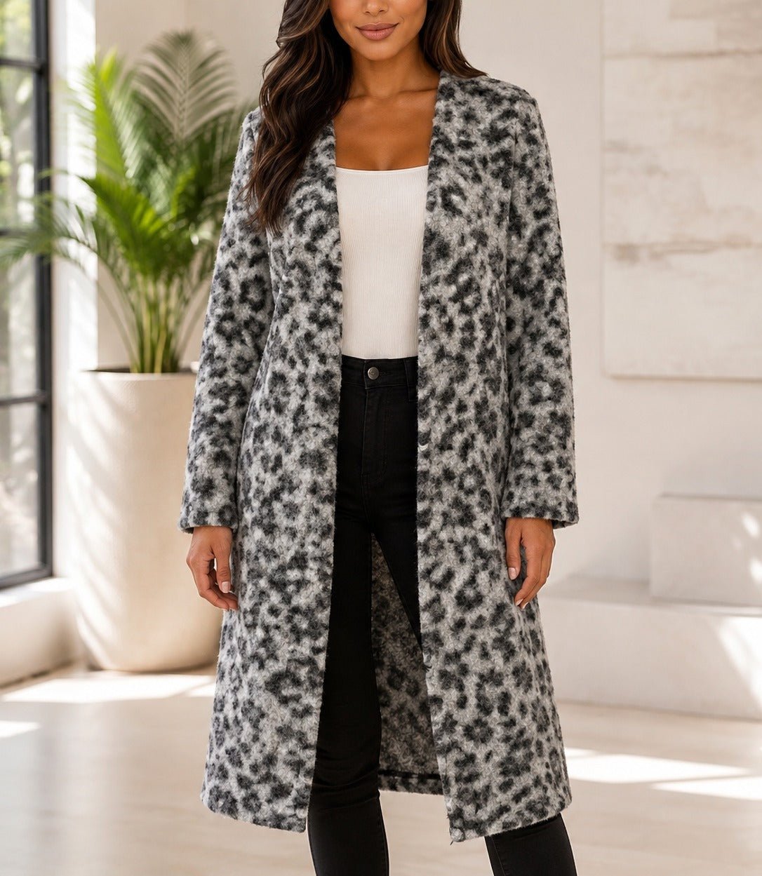 Ladies Fleece Grey And Black Open Coat - StylePhase SA