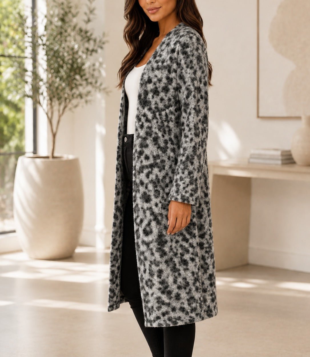 Ladies Fleece Grey And Black Open Coat - StylePhase SA