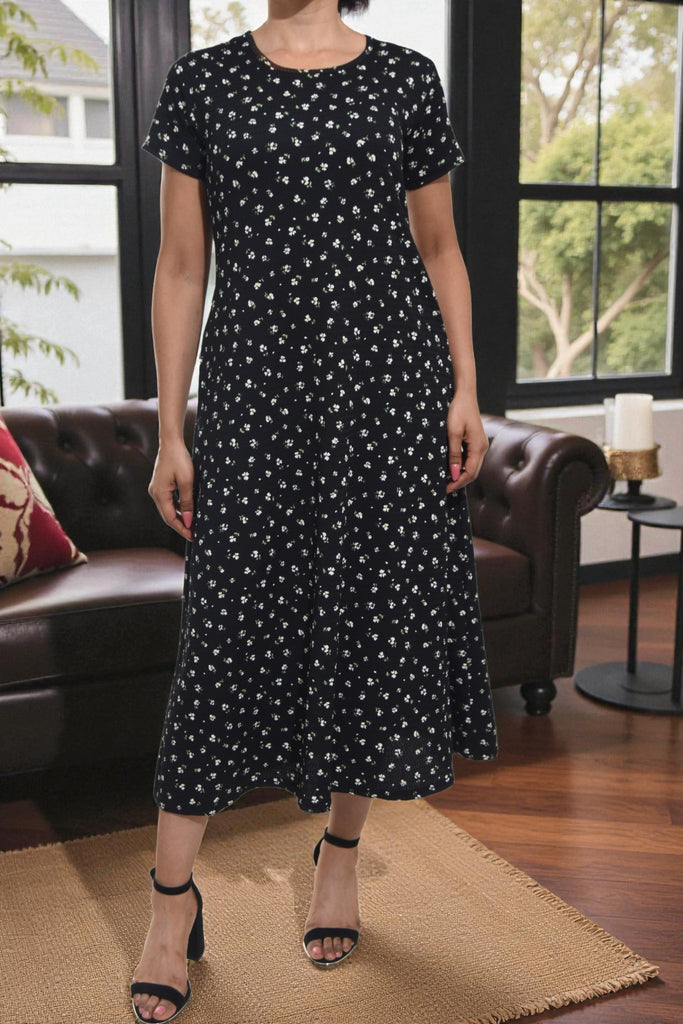 Ladies Floral Black Short Sleeve Maxi Dress - StylePhase SA