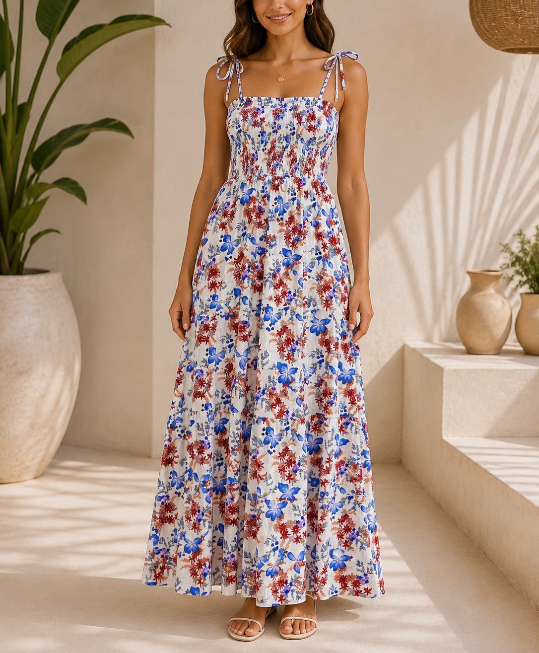 Ladies Floral Blue Tie Shoulder Dress - StylePhase SA