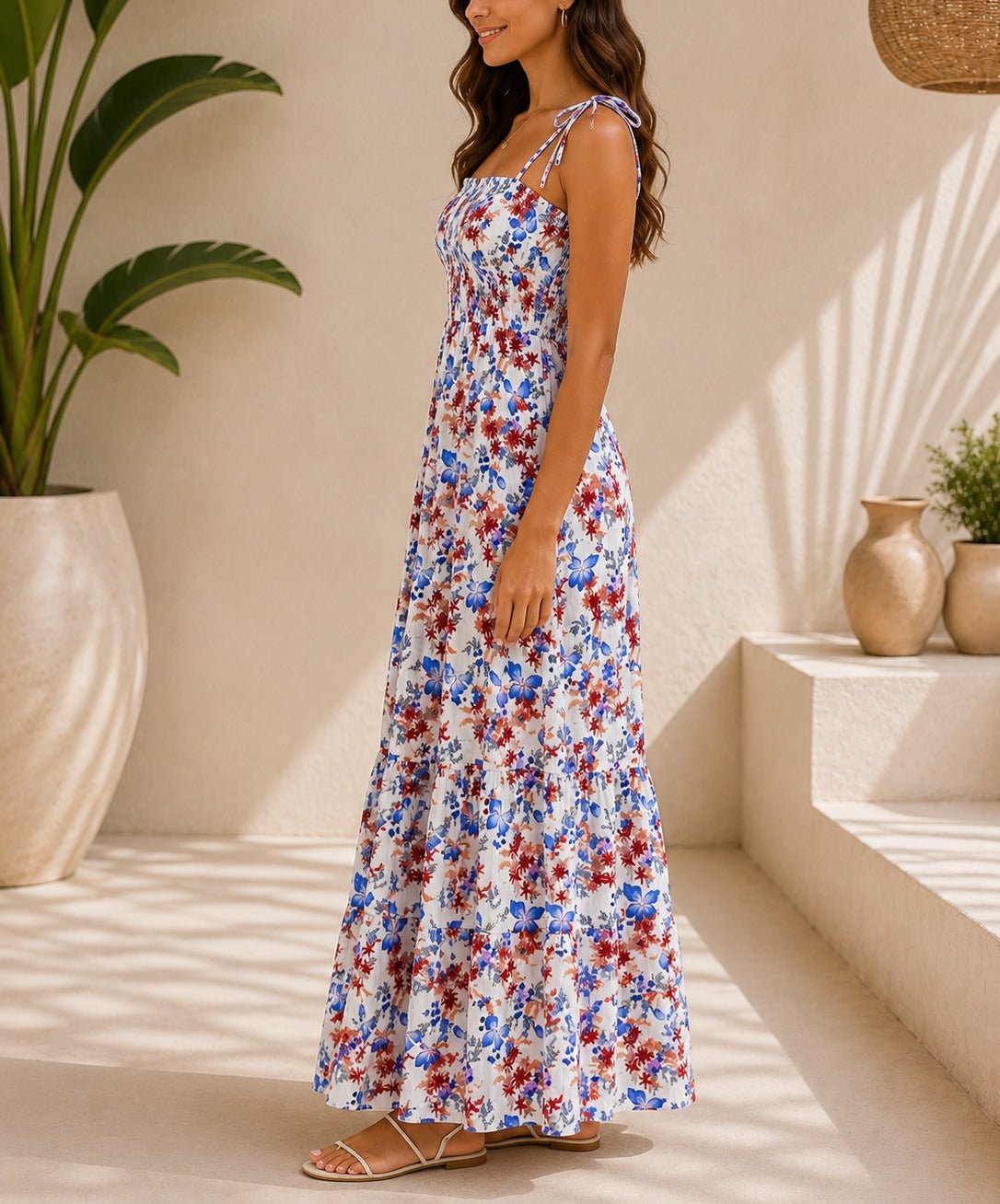Ladies Floral Blue Tie Shoulder Dress - StylePhase SA