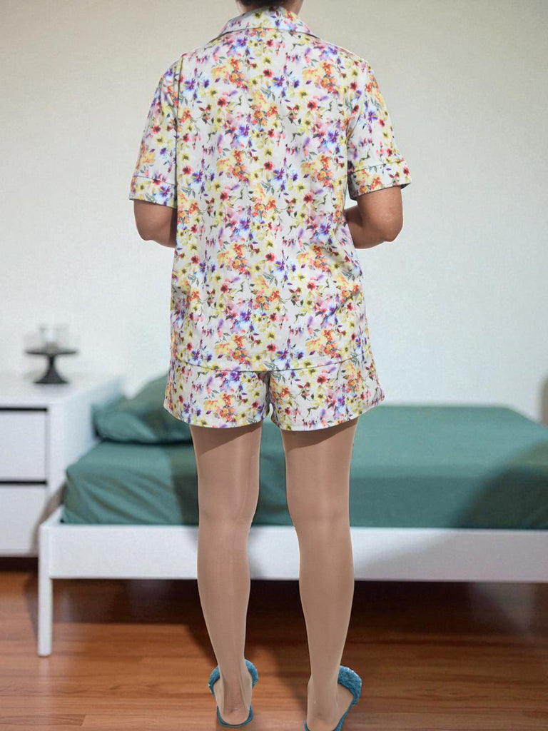 Ladies Floral Button Pj Set - Yellow And Purple - StylePhase SA