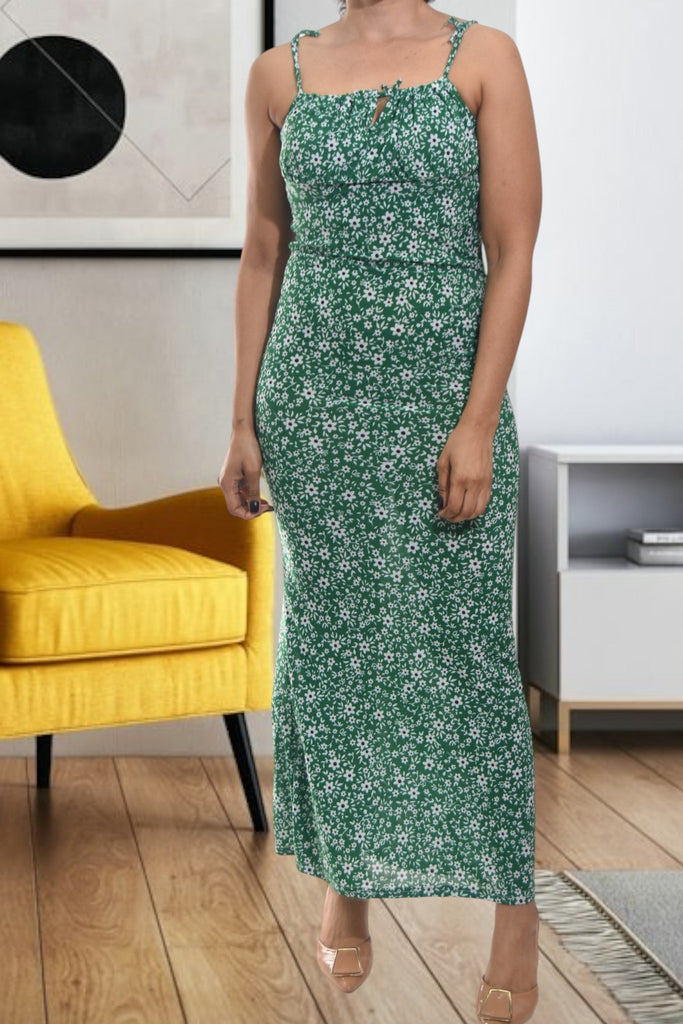 Ladies Floral Green Tie Front Dress - StylePhase SA