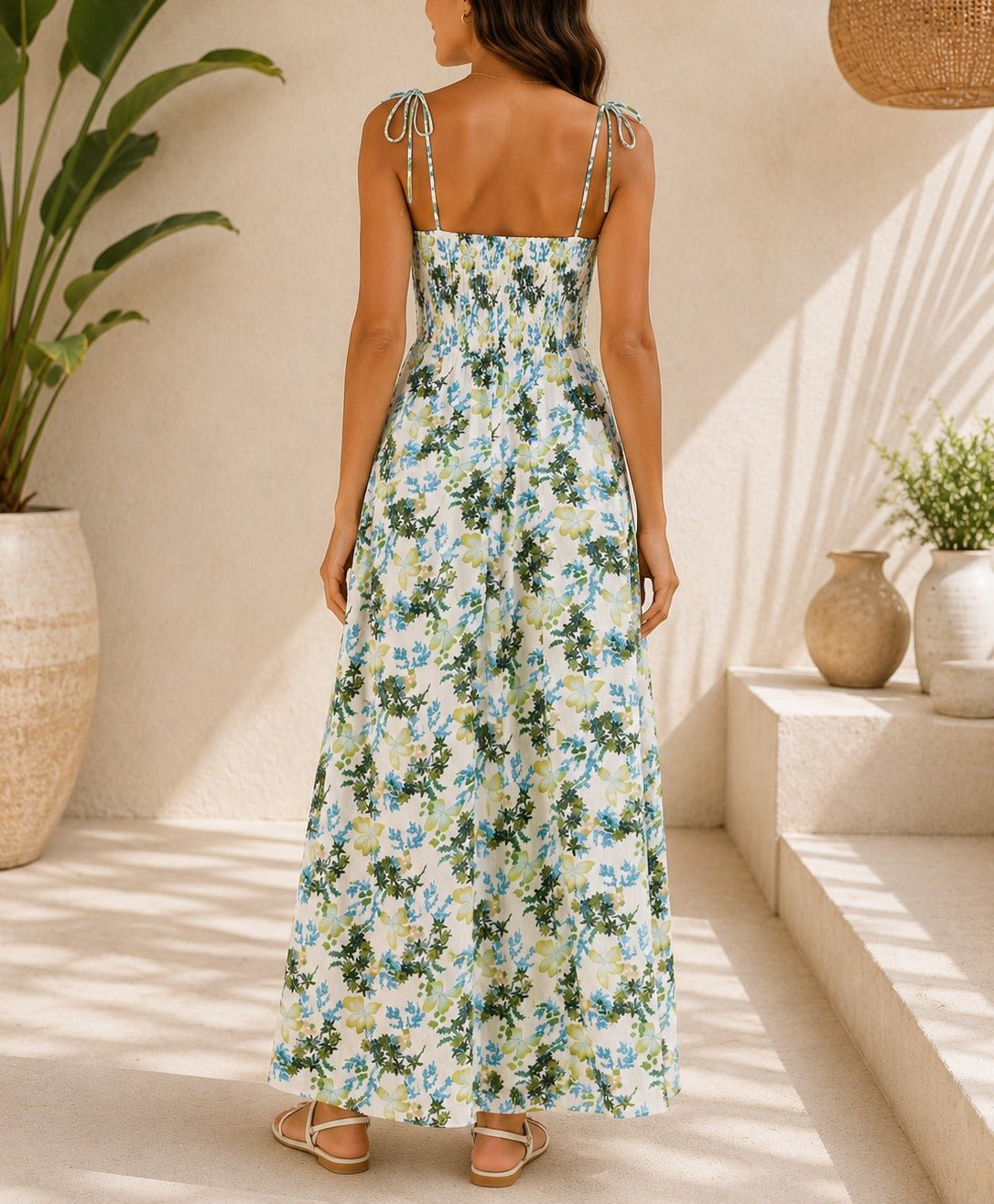 Ladies Floral Green Tie Shoulder Dress - StylePhase SA