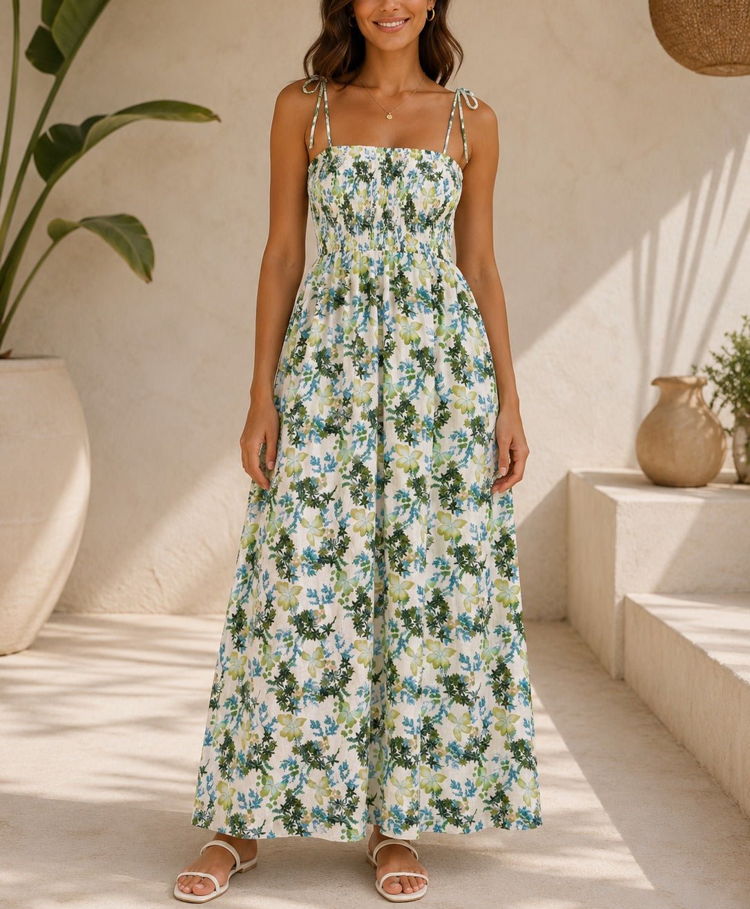 Ladies Floral Green Tie Shoulder Dress - StylePhase SA