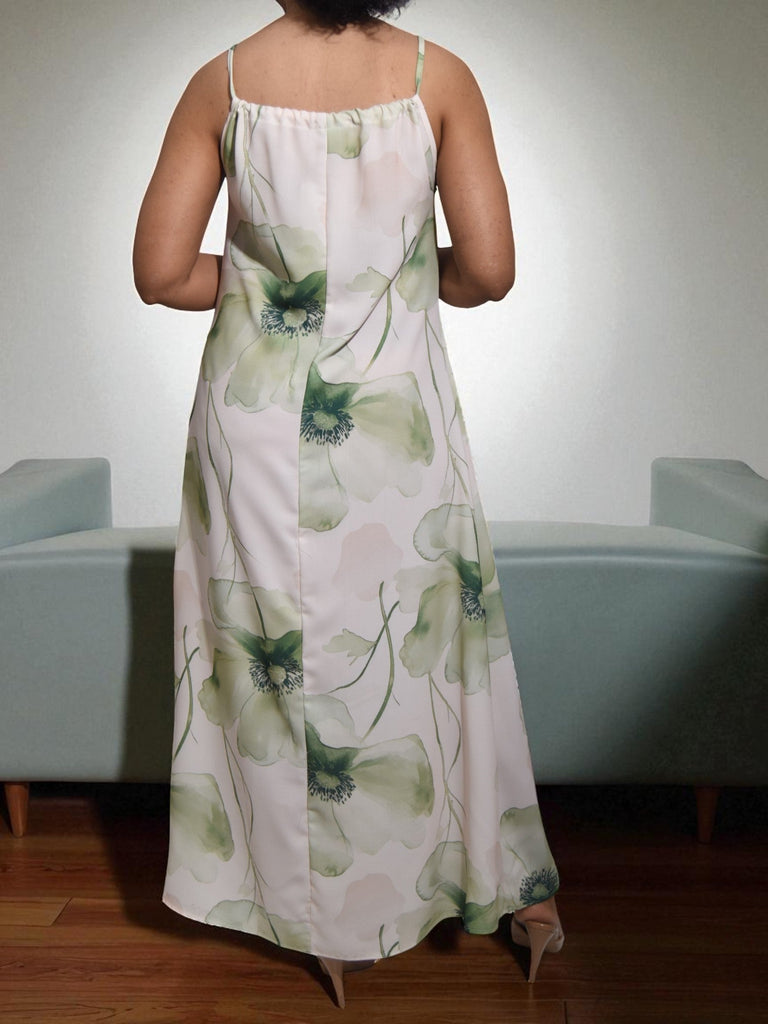 Ladies Floral Maxi Tie Dress - Lime And Cream - StylePhase SA
