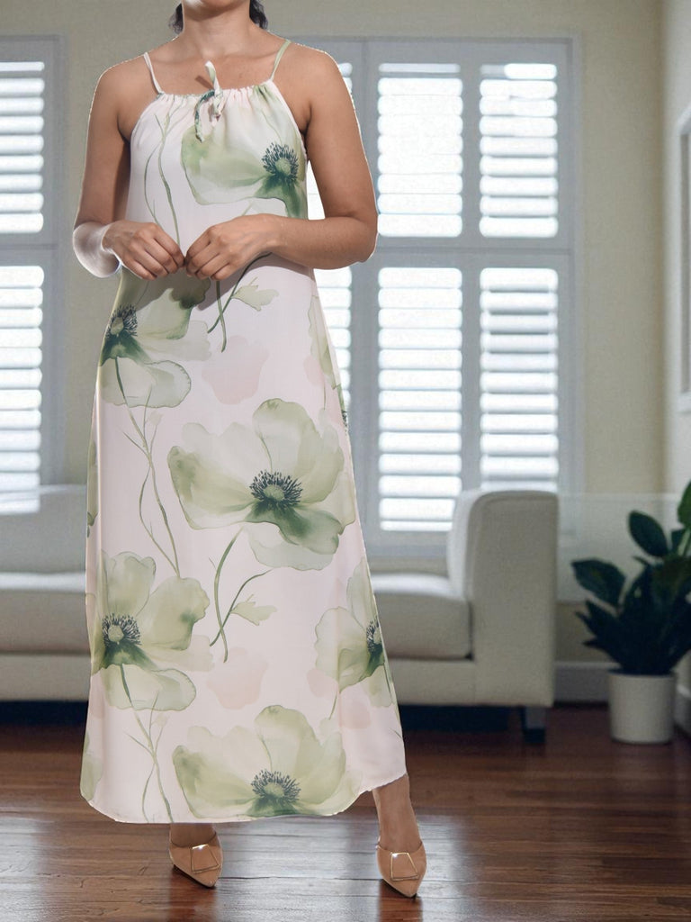 Ladies Floral Maxi Tie Dress - Lime And Cream - StylePhase SA