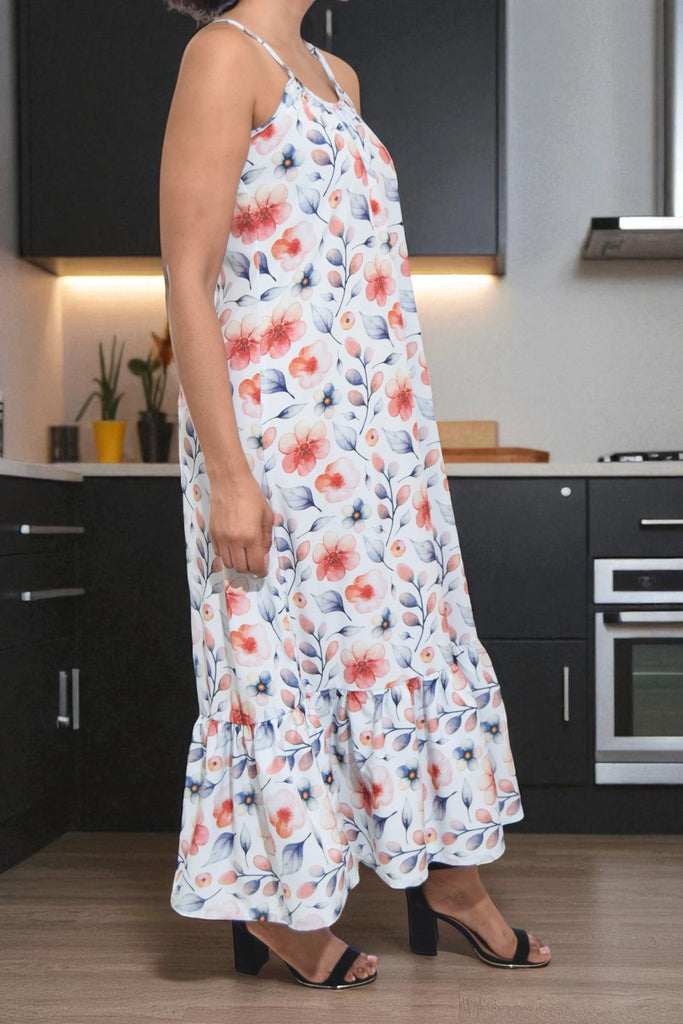 Ladies Floral Orange Strappy Ruffle End Dress - StylePhase SA
