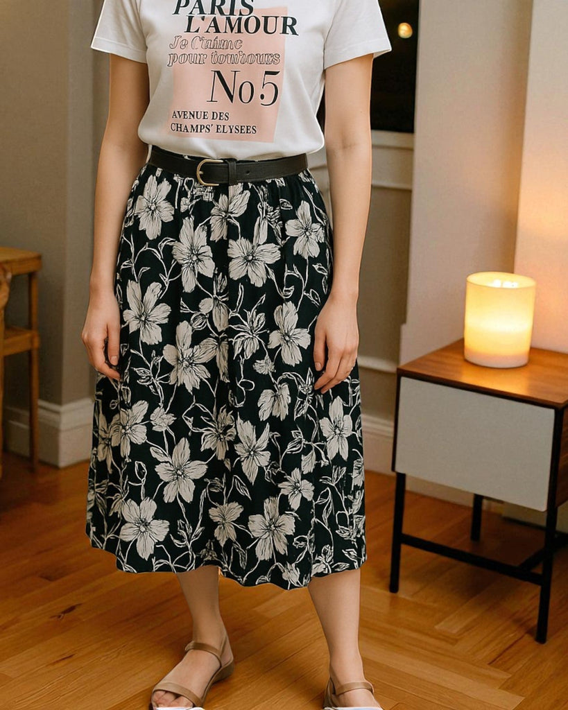 Ladies Floral Pleated Black Skirt - Big Flowers - StylePhase SA