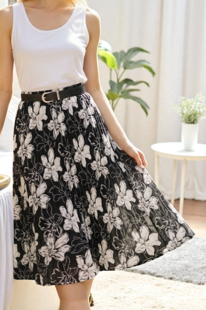 Ladies Floral Pleated Black Skirt - Big Flowers - StylePhase SA