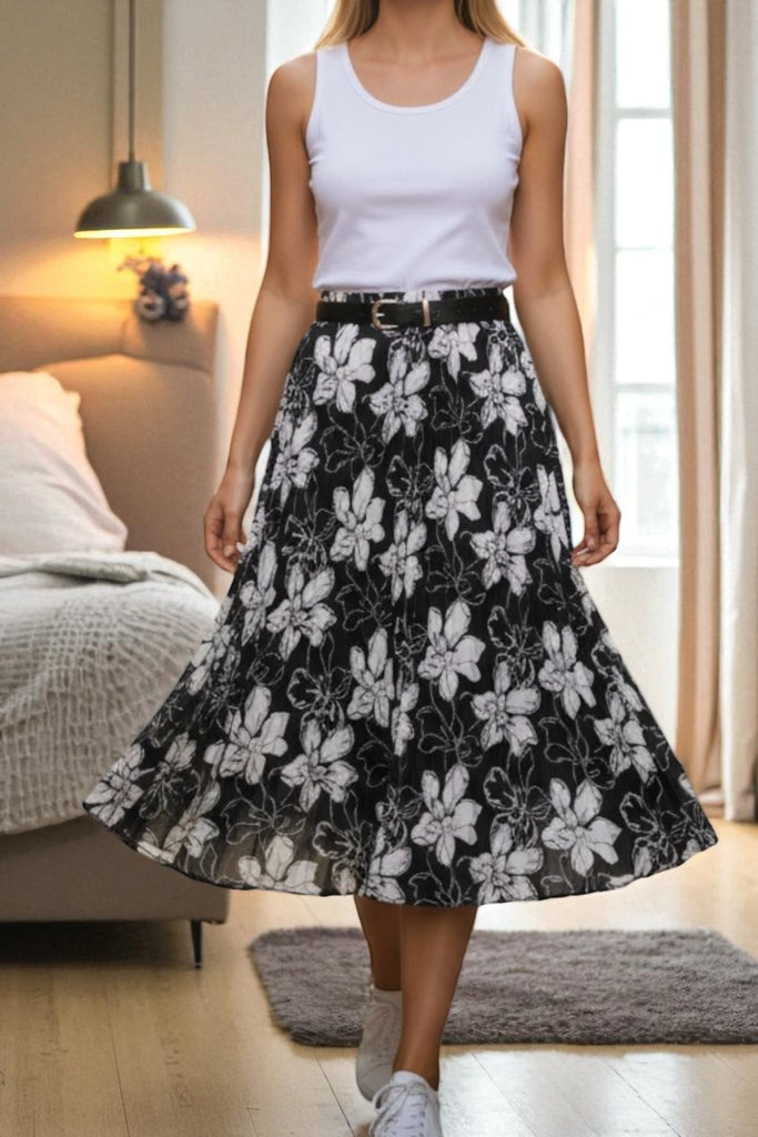 Ladies Floral Pleated Black Skirt - Big Flowers - StylePhase SA