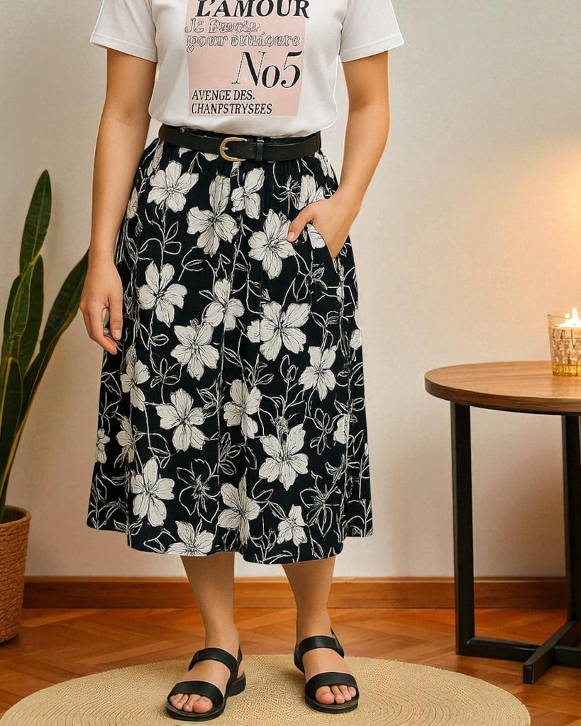 Ladies Floral Pleated Black Skirt - Big Flowers - StylePhase SA