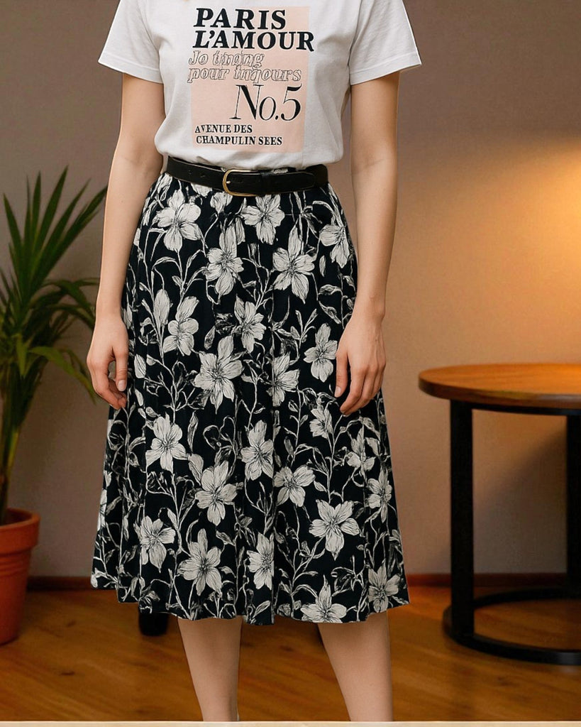 Ladies Floral Pleated Black Skirt - Big Flowers - StylePhase SA