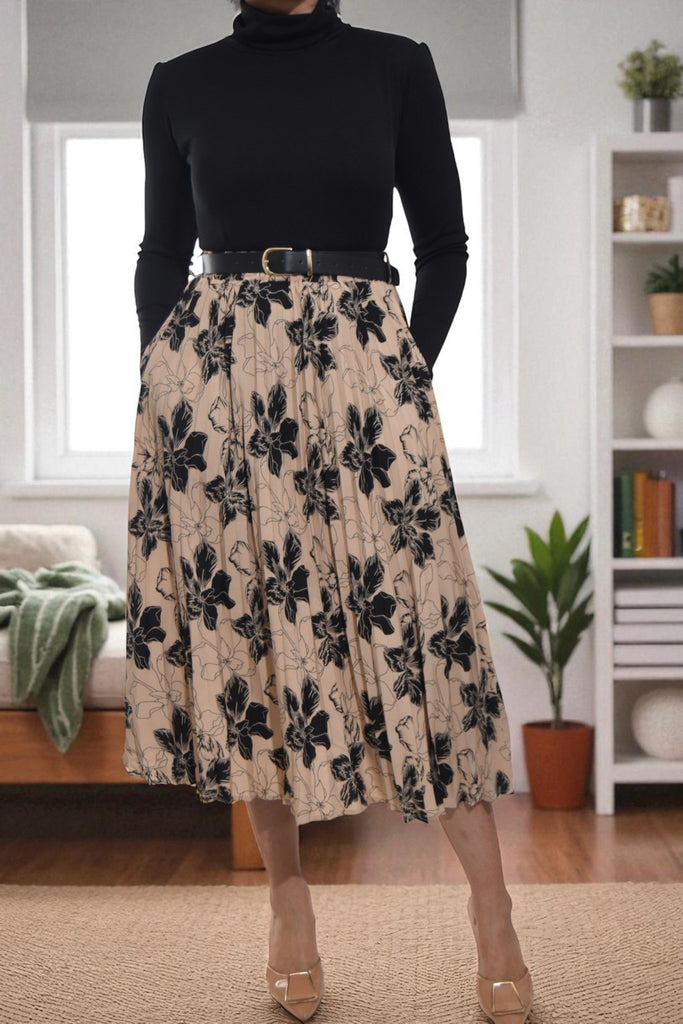Ladies Floral Pleated Brown Skirt - Big Flowers - StylePhase SA