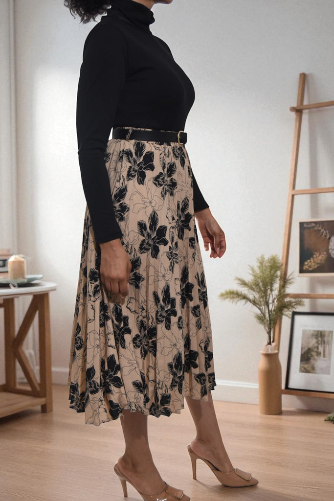 Ladies Floral Pleated Brown Skirt - Big Flowers - StylePhase SA