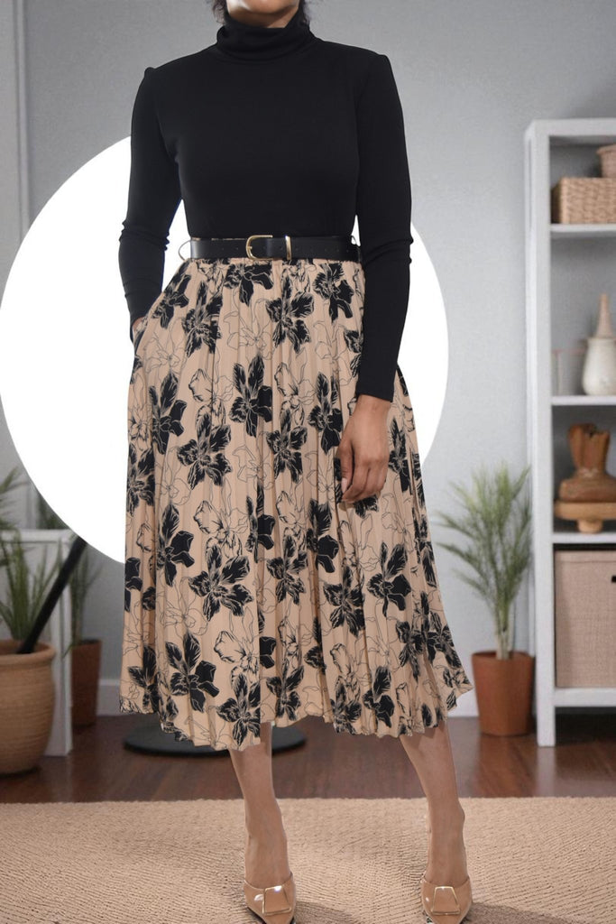 Ladies Floral Pleated Brown Skirt - Big Flowers - StylePhase SA