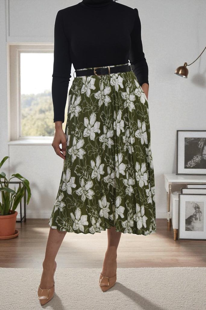 Ladies Floral Pleated Green Skirt - Big Flowers - StylePhase SA