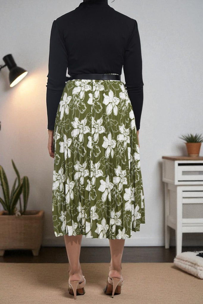 Ladies Floral Pleated Green Skirt - Big Flowers - StylePhase SA