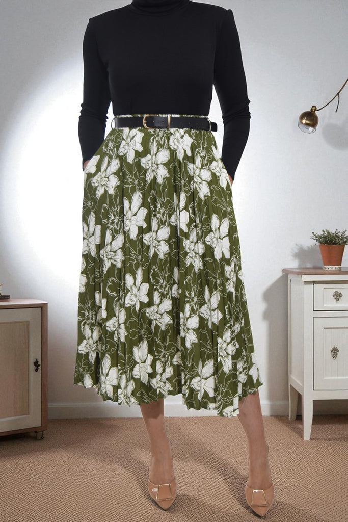 Ladies Floral Pleated Green Skirt - Big Flowers - StylePhase SA