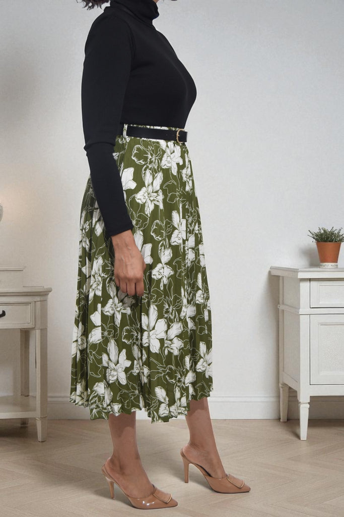 Ladies Floral Pleated Green Skirt - Big Flowers - StylePhase SA