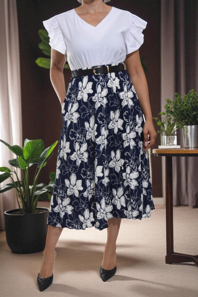 Ladies Floral Pleated Navy Skirt - Big Flowers - StylePhase SA
