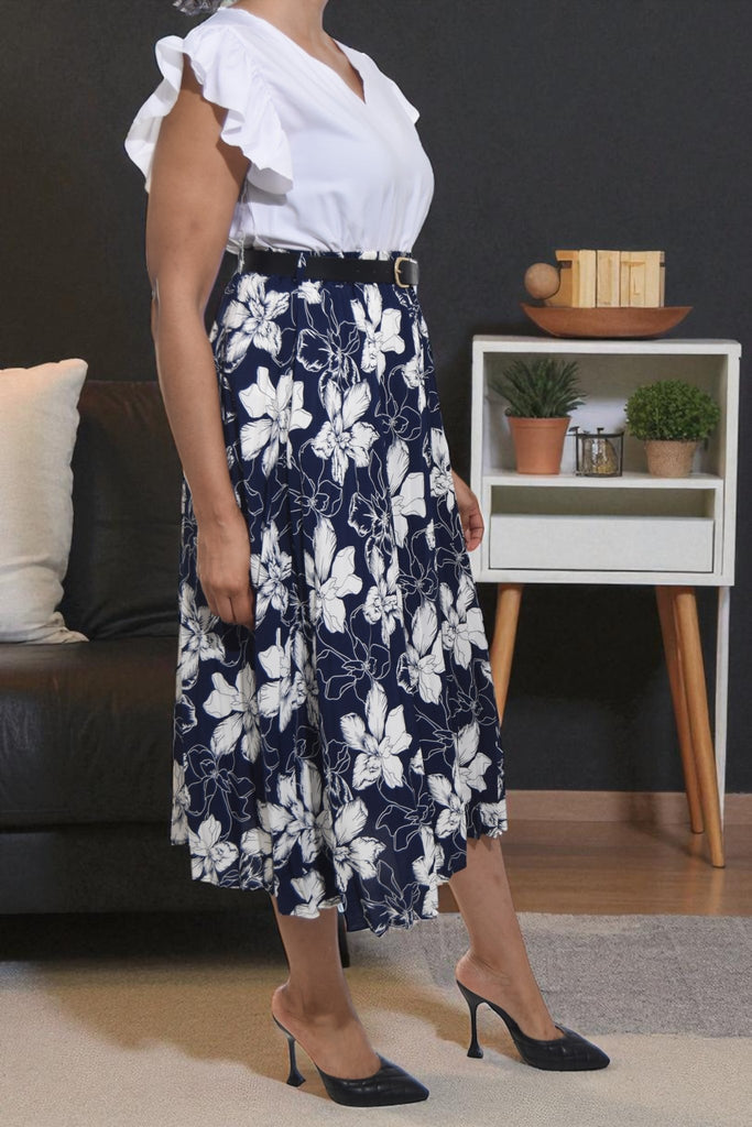 Ladies Floral Pleated Navy Skirt - Big Flowers - StylePhase SA