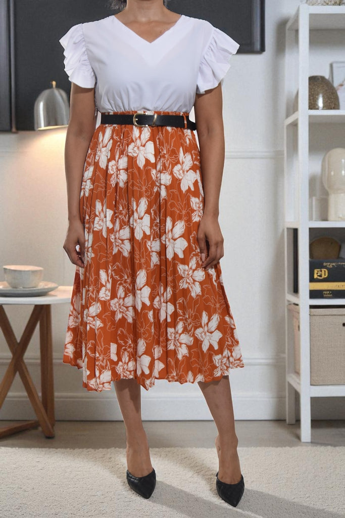 Ladies Floral Pleated Orange Skirt - Big Flowers - StylePhase SA