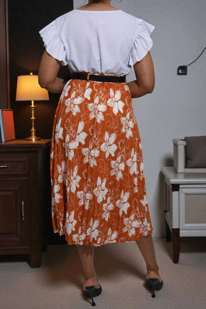 Ladies Floral Pleated Orange Skirt - Big Flowers - StylePhase SA