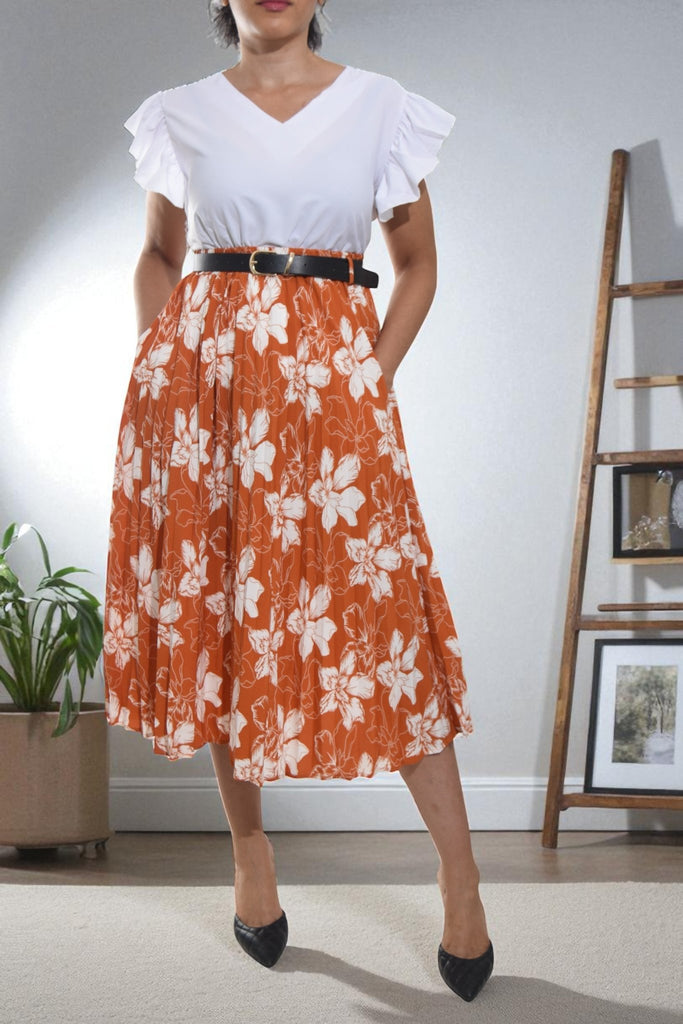 Ladies Floral Pleated Orange Skirt - Big Flowers - StylePhase SA