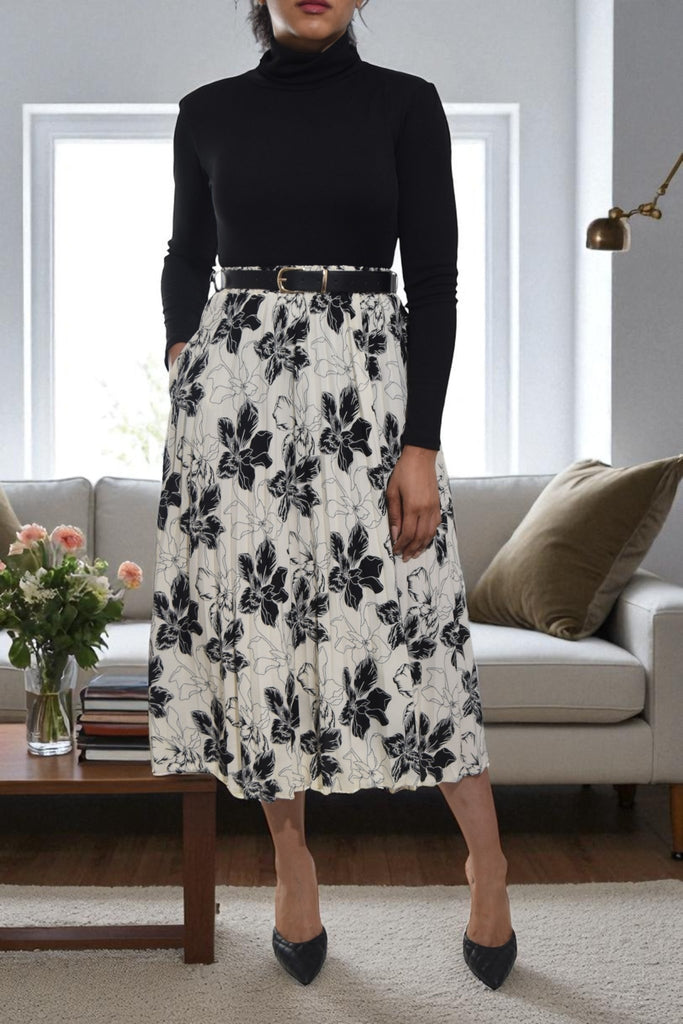Ladies Floral Pleated White Skirt - Big Flowers - StylePhase SA
