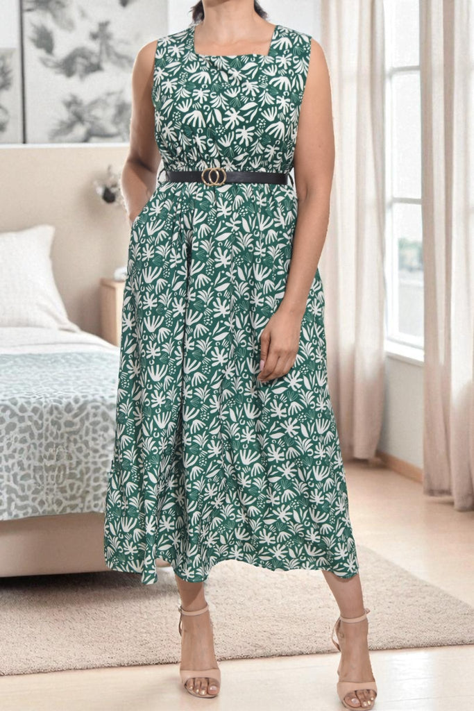 Ladies Floral Pocket Flare Dress - Dark Green (Excl Belt) - StylePhase SA