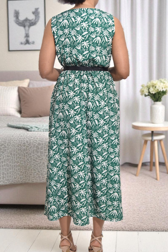 Ladies Floral Pocket Flare Dress - Dark Green (Excl Belt) - StylePhase SA