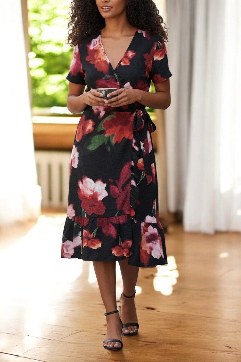 Ladies Floral Ruffel Wrap Dress - Black - StylePhase SA