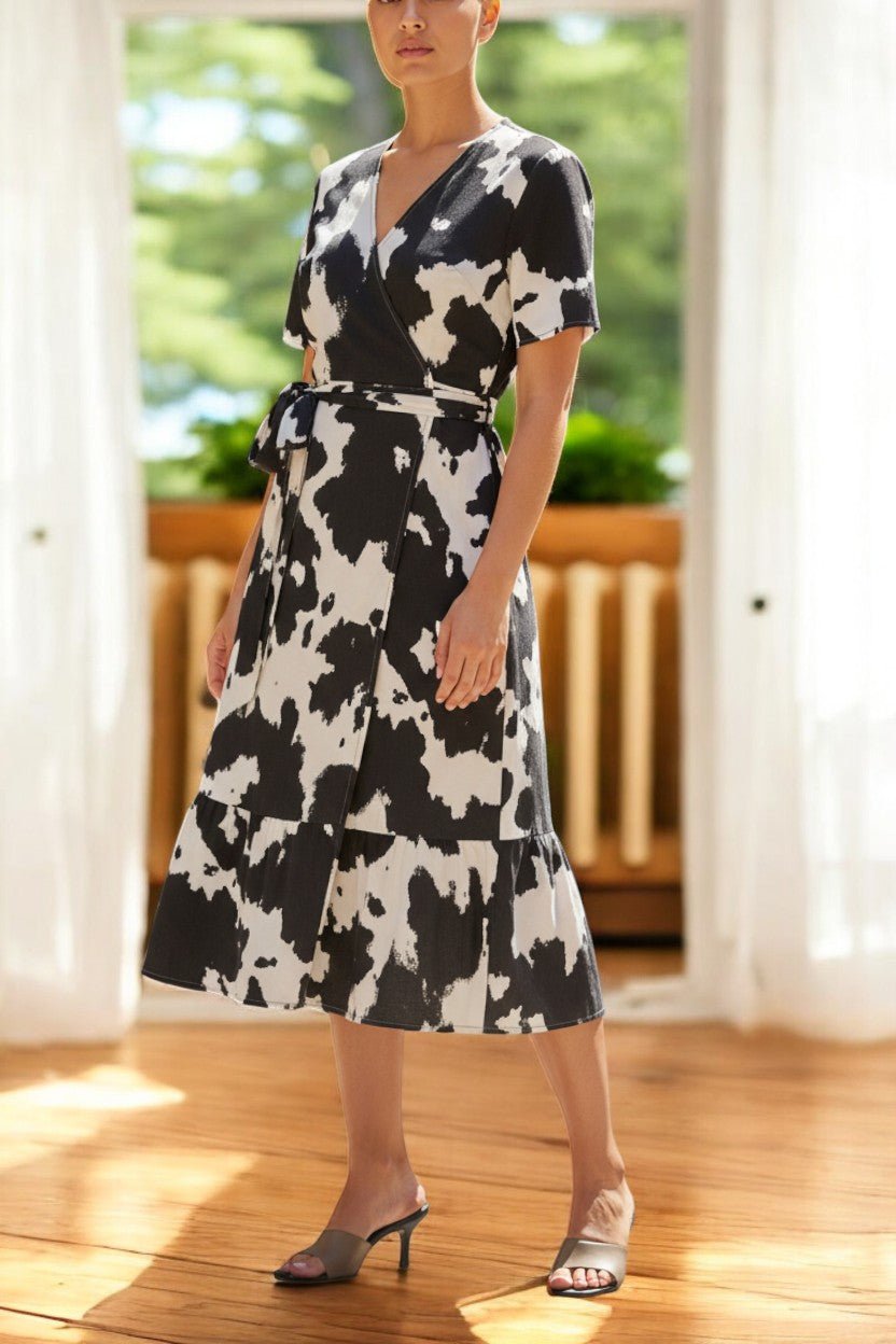 Ladies Floral Ruffel Wrap Dress - Black And White - StylePhase SA