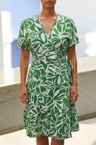 Ladies Floral Ruffel Wrap Dress - Green And White - StylePhase SA
