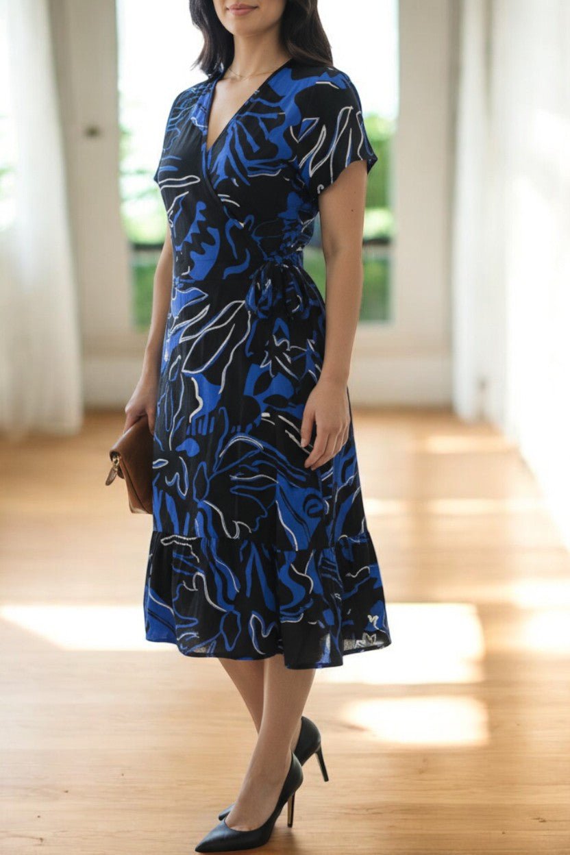 Ladies Floral Ruffel Wrap Dress - Navy And Black - StylePhase SA