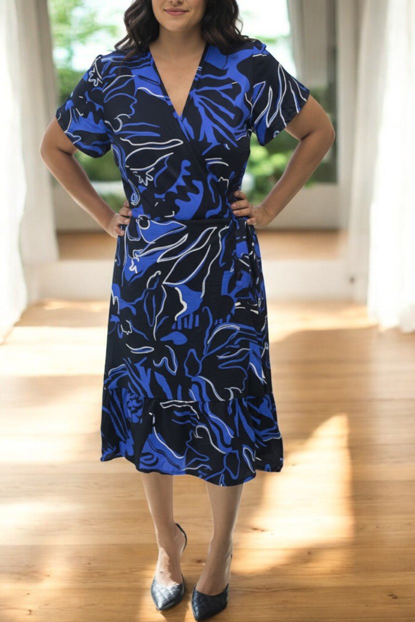Ladies Floral Ruffel Wrap Dress - Navy And Black - StylePhase SA