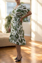 Ladies Floral Ruffel Wrap Dress - Olive And Cream - StylePhase SA